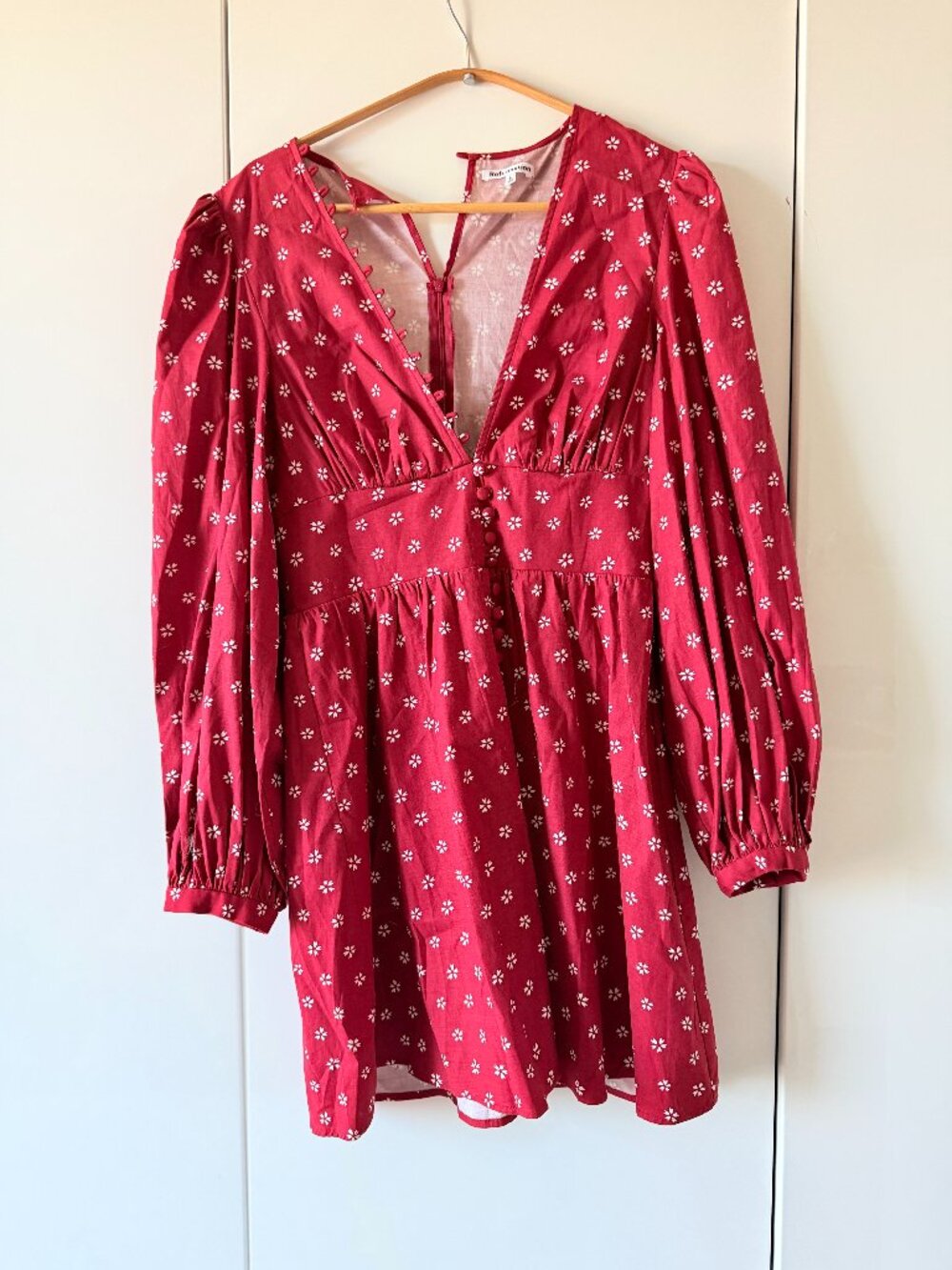 Reformation Red Floral Caitie Mini Dress Deep V Pleated Sleeve Cotton Sz 8 AS-IS